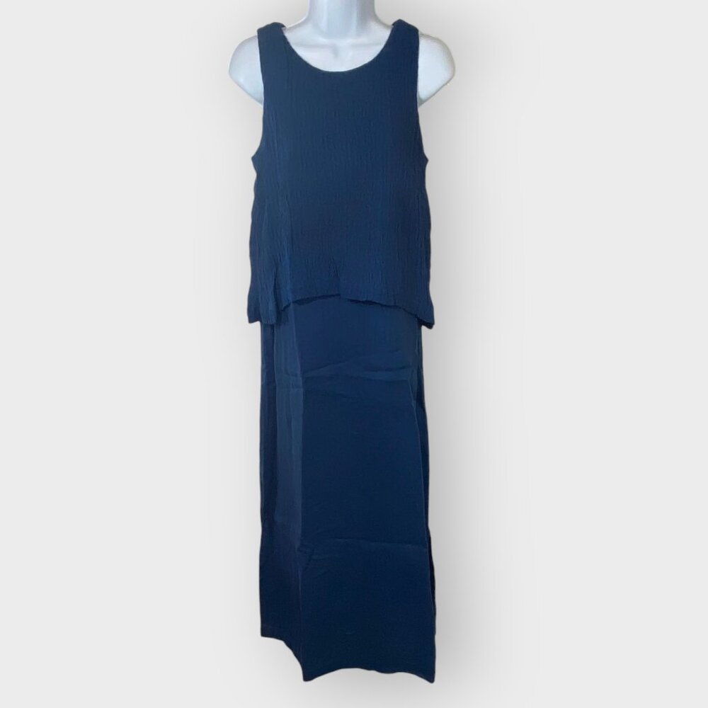 J Jill Linen Layered Maxi Dress | S | Navy Blue | Sleeveless | Lagenlook Coastal